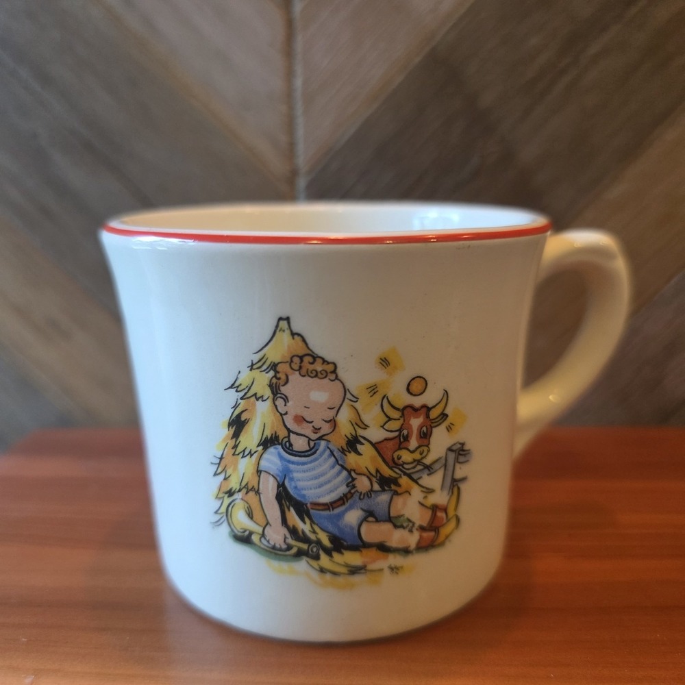 Vintage Little Boy Red Trim Child's Mug Cup Advertising Litchfield Hardware Co.
